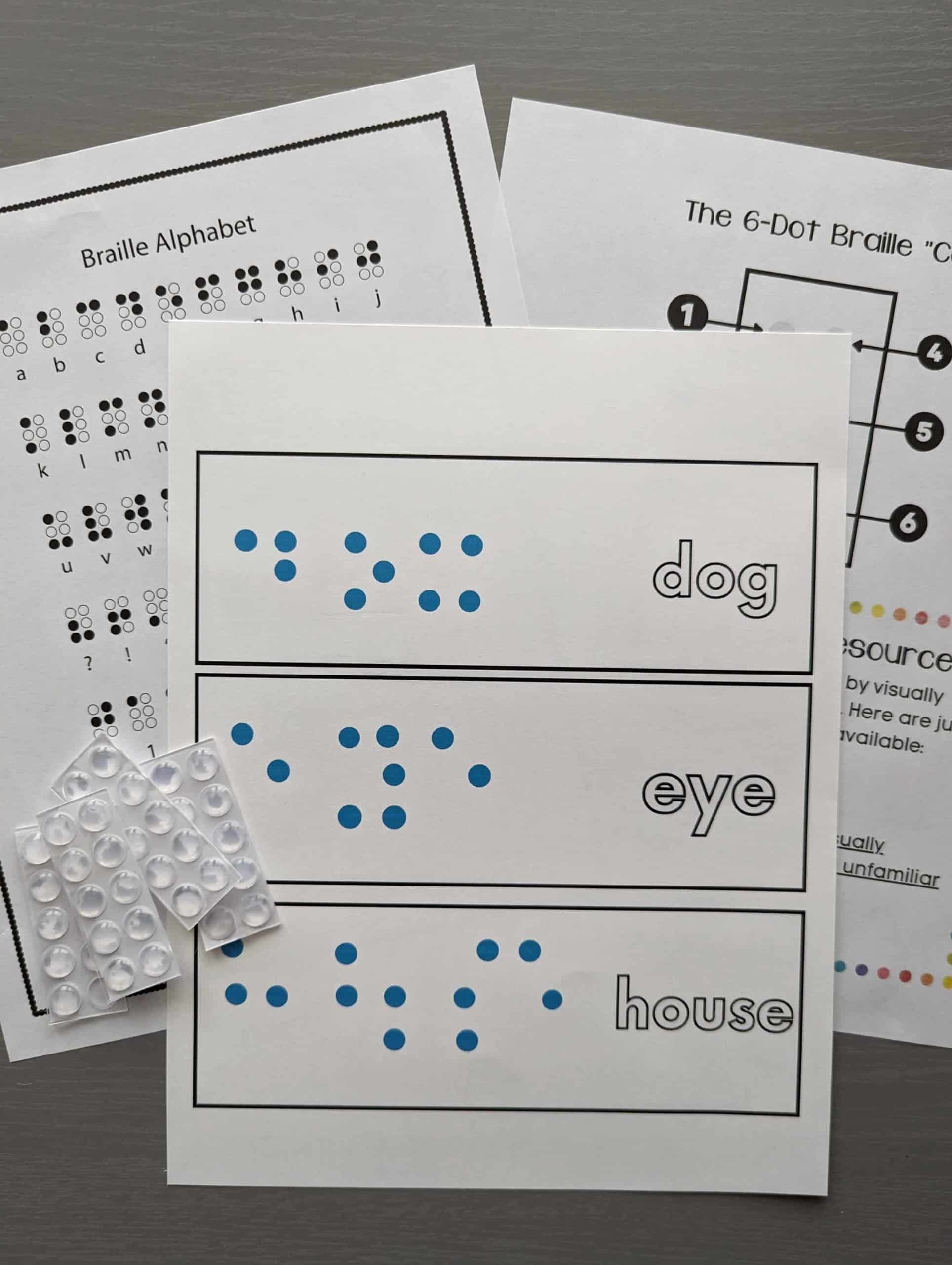 braille activity for sighted students - materials needed, bump stickers, print out
