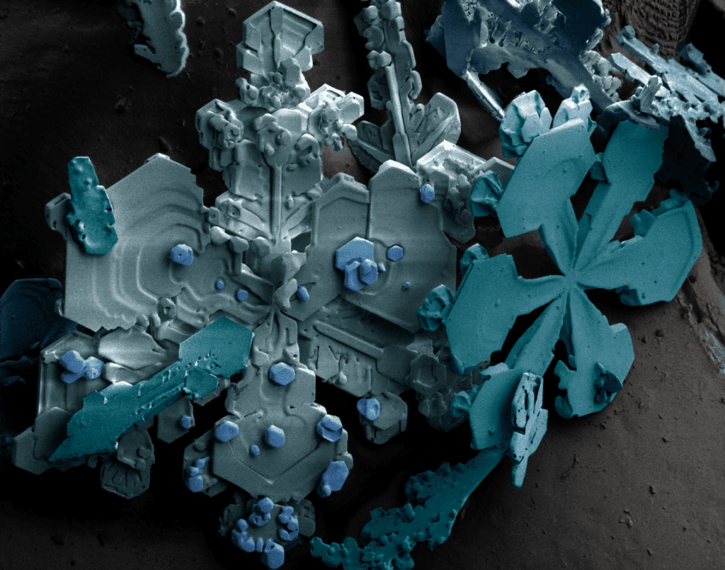 Snowflake science - Snow flakes highly magnified by a low-temperature scanning electron microscope (SEM). The colours are called "pseudo colours", they are computer generated and are a standard technique used with SEM images.